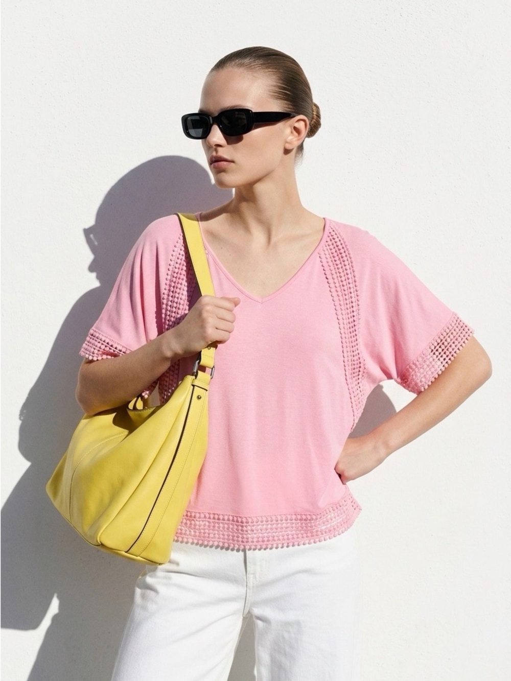 Women's Pink V-Neck Crochet Trim Top